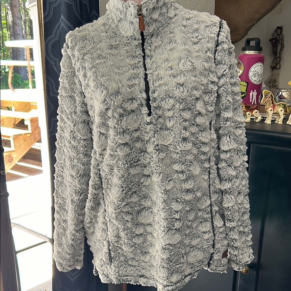 Simply Southern Plush Quarter-Zip Turtleneck Pullover in Light Gray